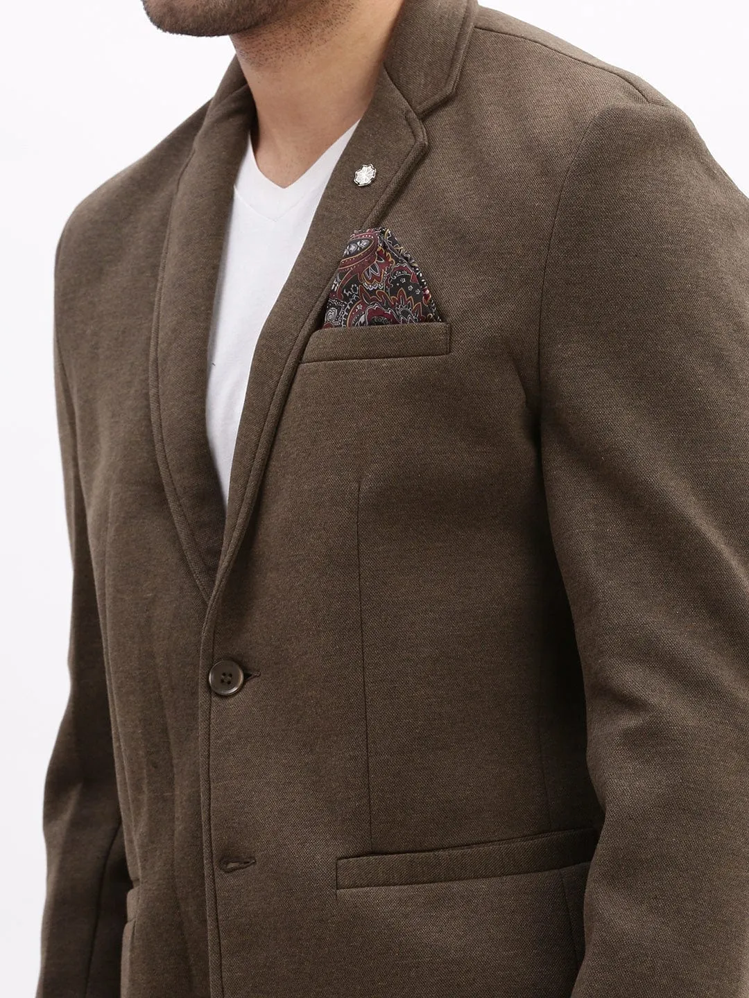 Men Olive Slim-Fit Single Breasted Notched Lapel Collar Cotton Casual Blazer