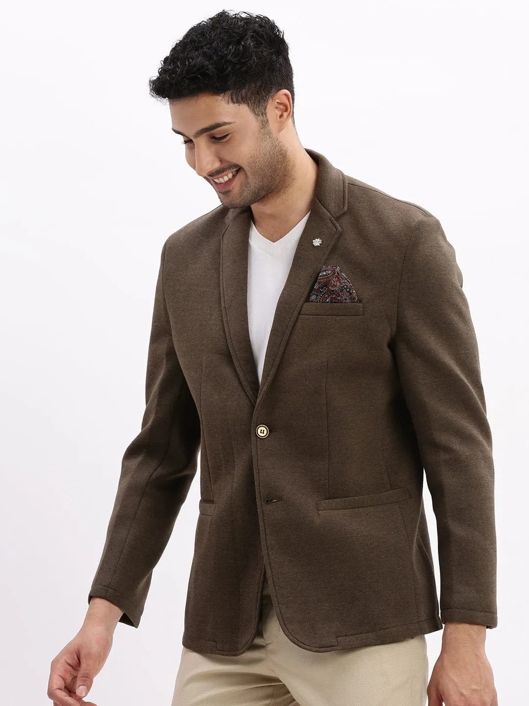 Men Olive Slim-Fit Single Breasted Notched Lapel Collar Cotton Casual Blazer