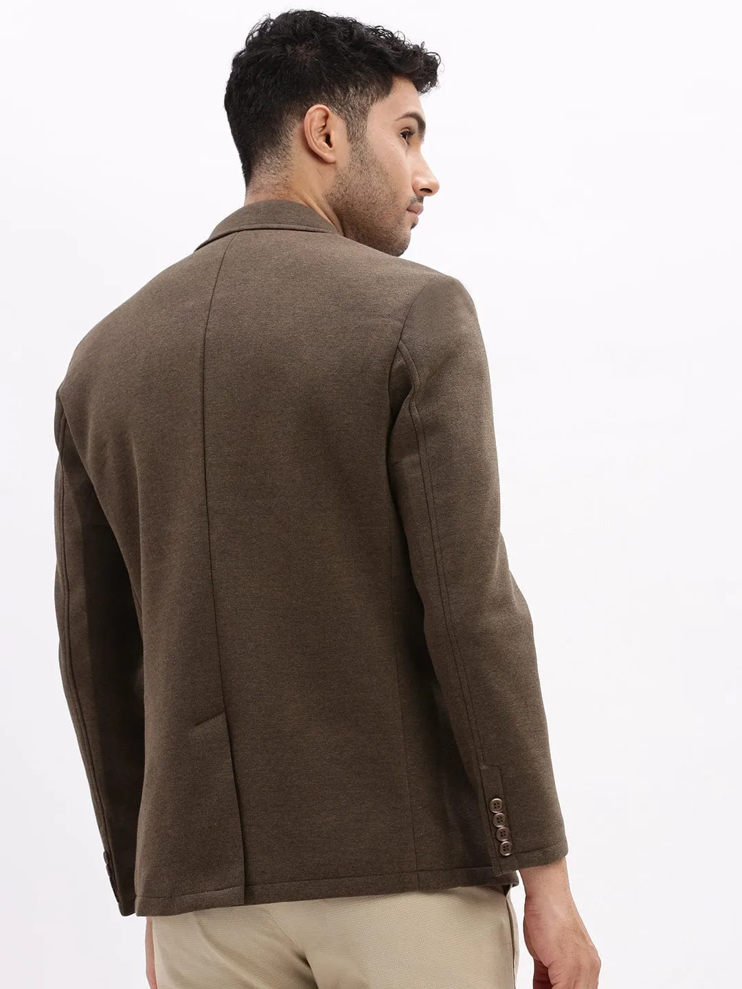 Men Olive Slim-Fit Single Breasted Notched Lapel Collar Cotton Casual Blazer