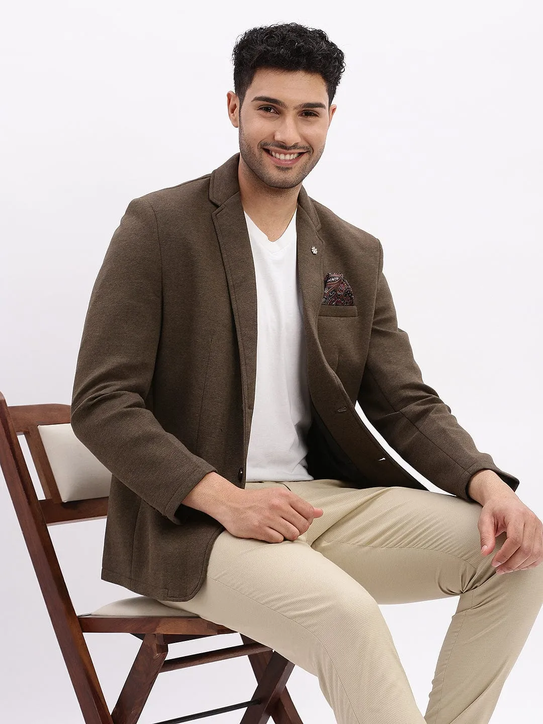 Men Olive Slim-Fit Single Breasted Notched Lapel Collar Cotton Casual Blazer