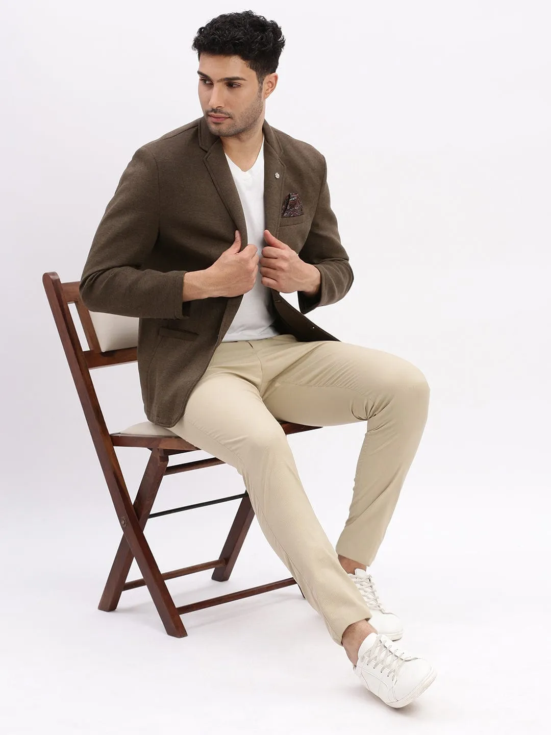 Men Olive Slim-Fit Single Breasted Notched Lapel Collar Cotton Casual Blazer