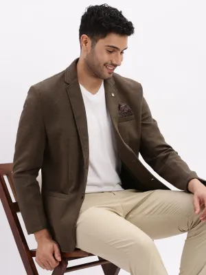 Men Olive Slim-Fit Single Breasted Notched Lapel Collar Cotton Casual Blazer