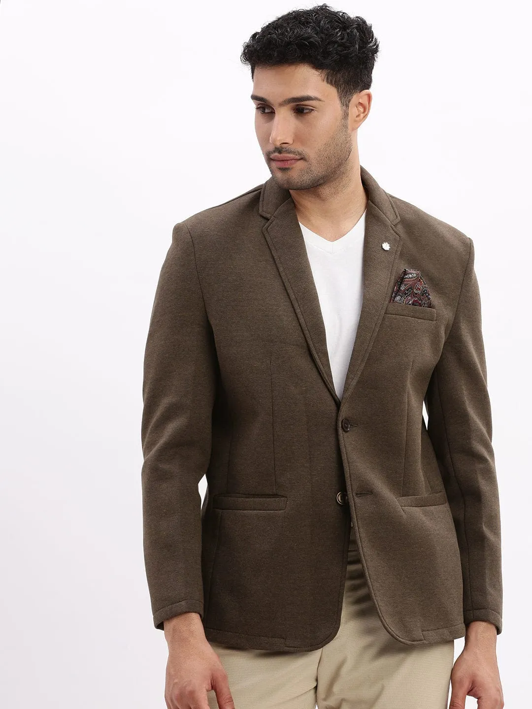 Men Olive Slim-Fit Single Breasted Notched Lapel Collar Cotton Casual Blazer