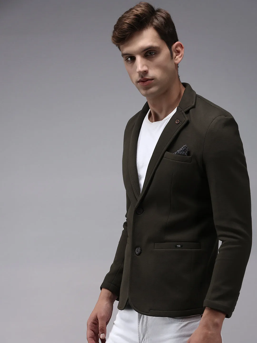 Men Olive Solid Single Breasted Blazer