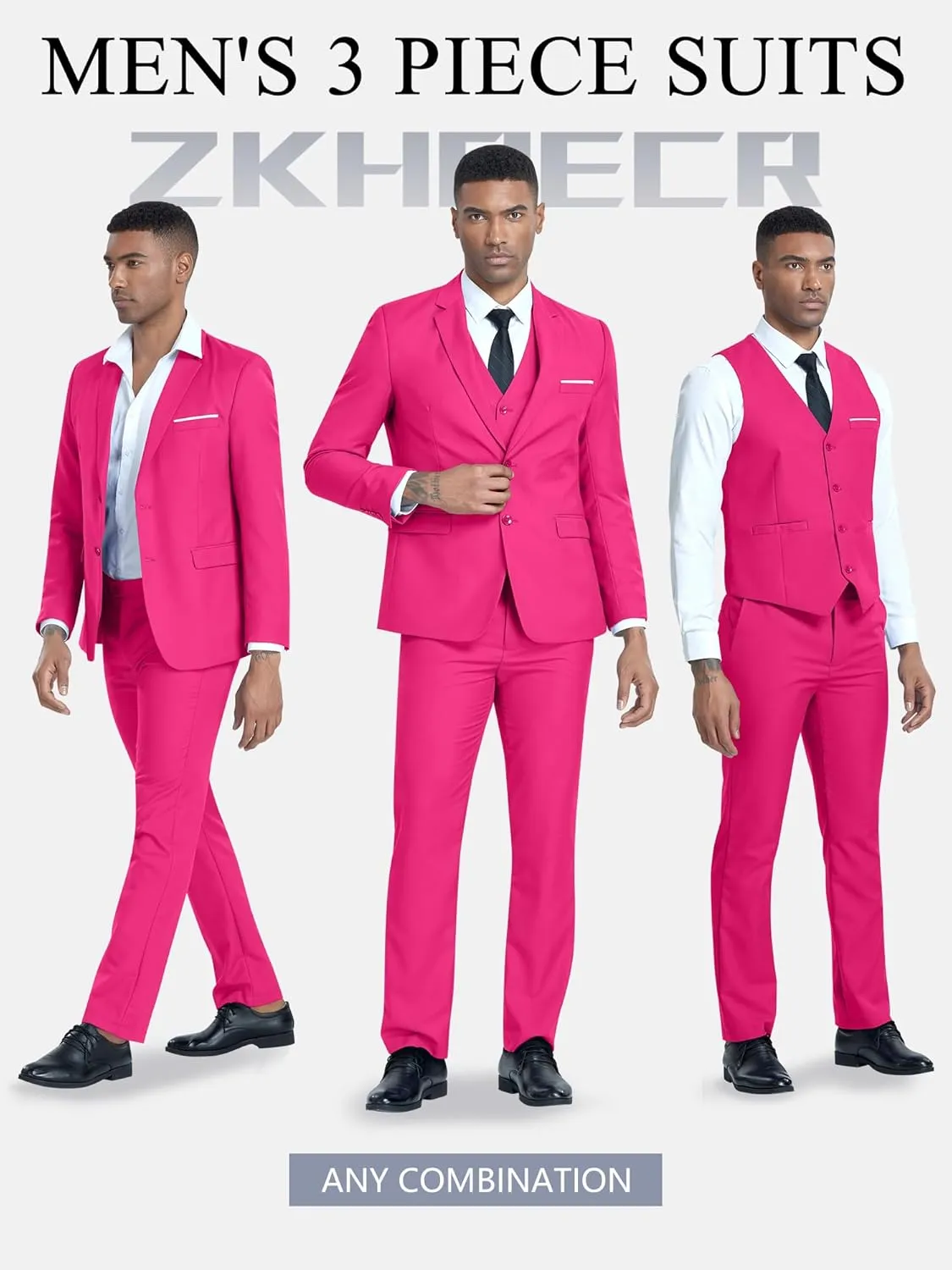 Men's 3 Piece Slim Fit Suit Set, Two Button Blazer Solid Jacket Vest Pants Wedding Business Suit
