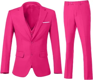 Men's 3 Piece Slim Fit Suit Set, Two Button Blazer Solid Jacket Vest Pants Wedding Business Suit