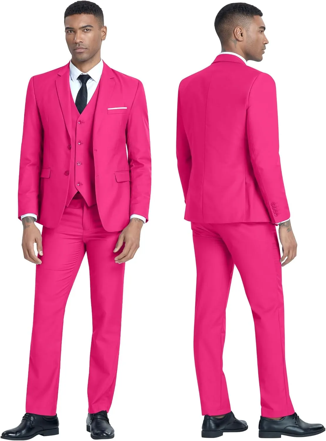 Men's 3 Piece Slim Fit Suit Set, Two Button Blazer Solid Jacket Vest Pants Wedding Business Suit