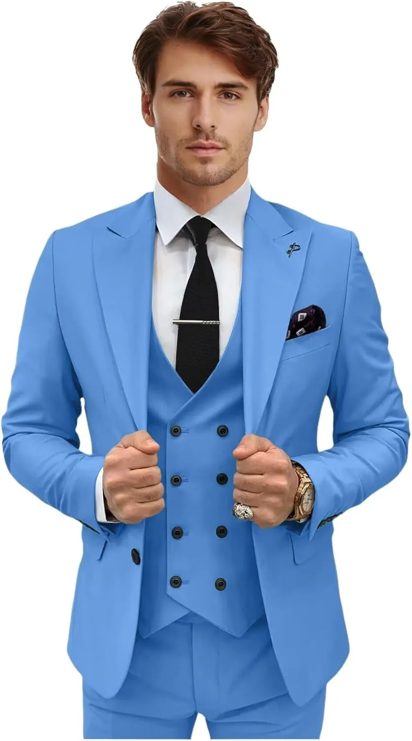 Men's 3 Piece Suit Slim Fit Double Breasted Tuxedo for Men Formal Wedding Prom Suits Blazer Vest Pants