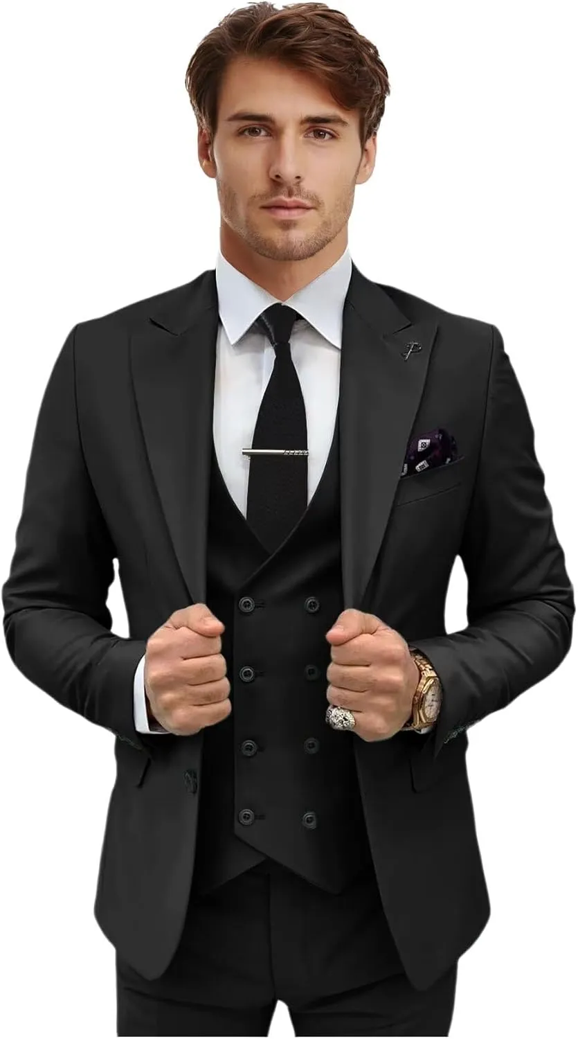 Men's 3 Piece Suit Slim Fit Double Breasted Tuxedo for Men Formal Wedding Prom Suits Blazer Vest Pants