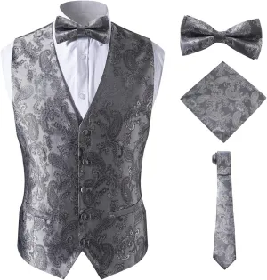 Men's 4pc Classic Jacquard Suit Vest Set Bow Tie and Hanky for Tuxedo,Silver,XL