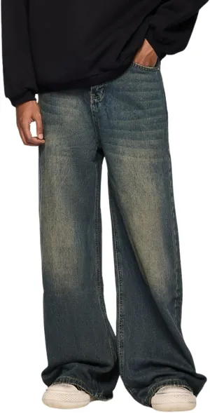 Men's Baggy Jeans Y2k Straight Leg Mid Waisted Solid Streetwear Loose Fit Vintage Hip Hop Denim Pants