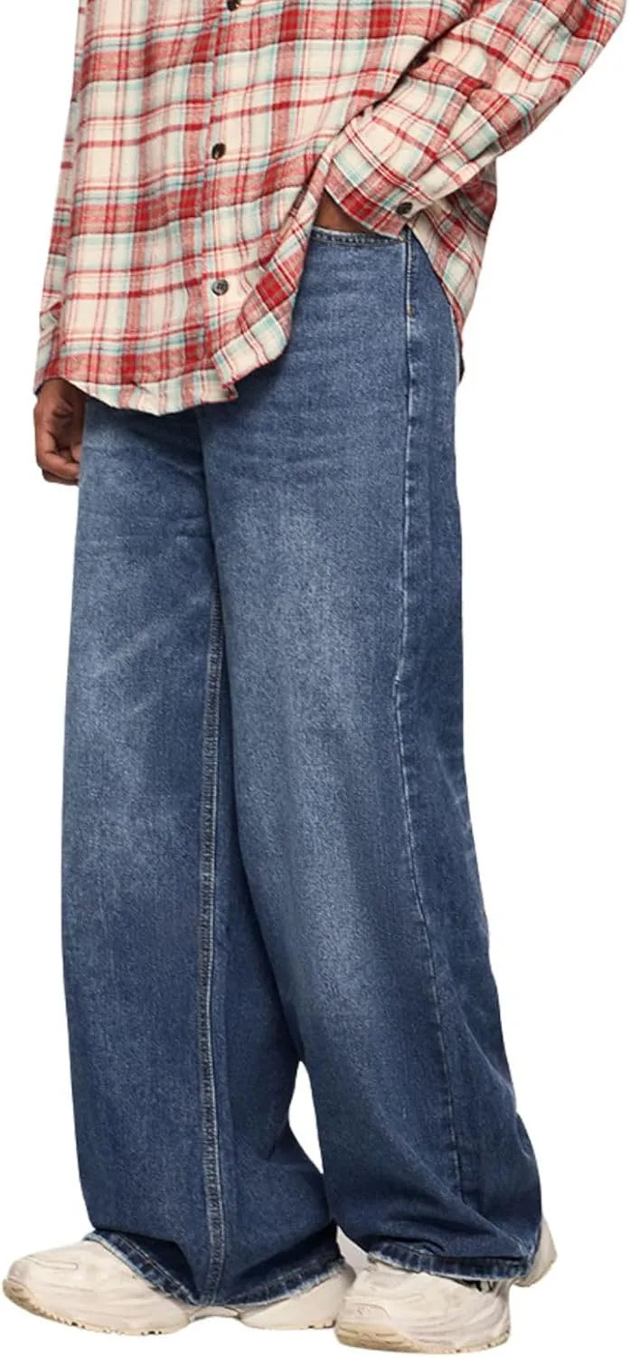 Men's Baggy Jeans Y2k Straight Leg Mid Waisted Solid Streetwear Loose Fit Vintage Hip Hop Denim Pants