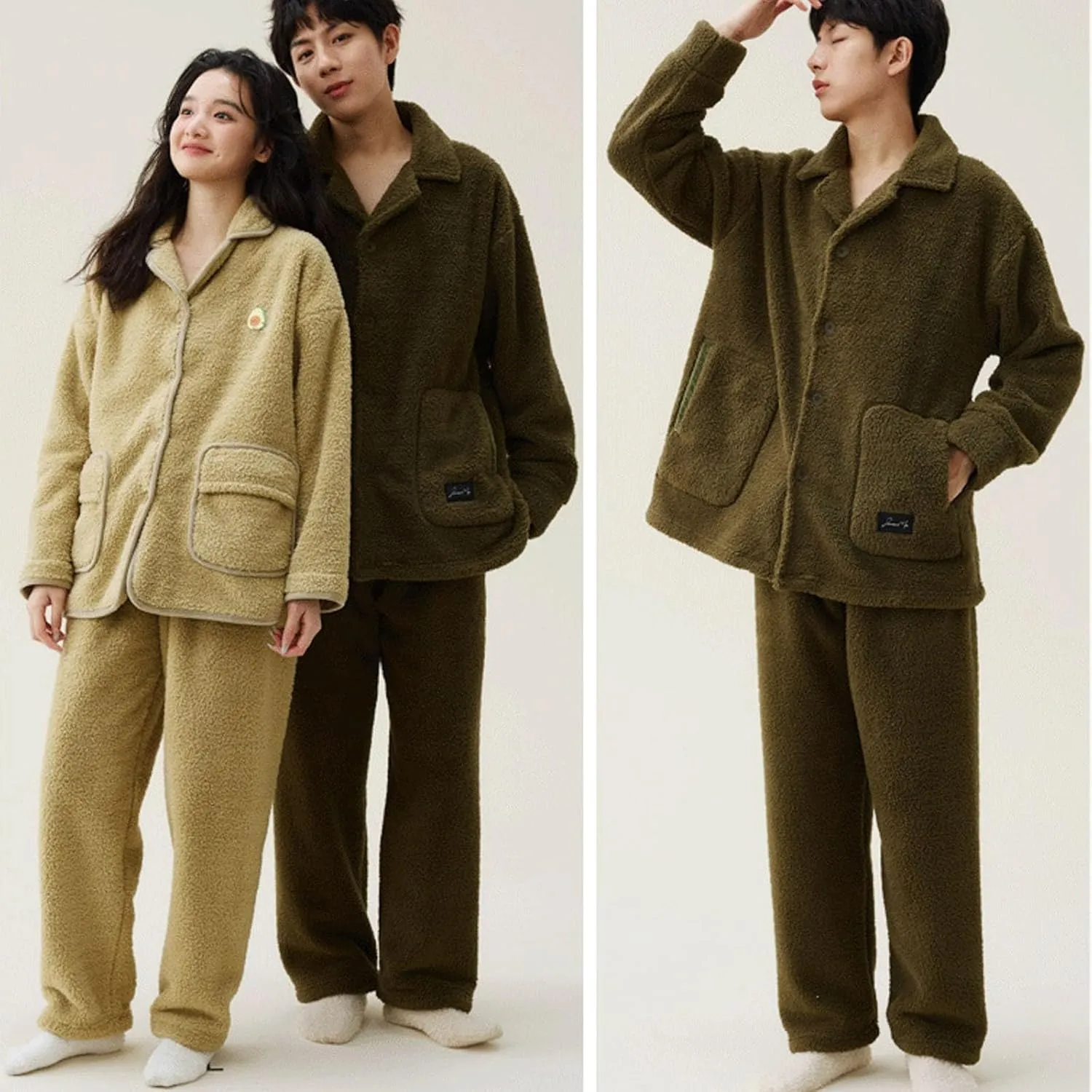 Mens Fuzzy Pajamas Set Winter Coral Fleece Lapel Pullover Pants Loose Warm Loungewear Sleepwear Top With Pockets
