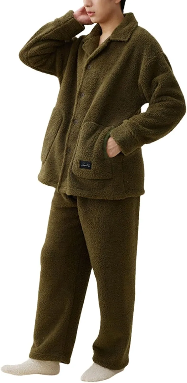 Mens Fuzzy Pajamas Set Winter Coral Fleece Lapel Pullover Pants Loose Warm Loungewear Sleepwear Top With Pockets