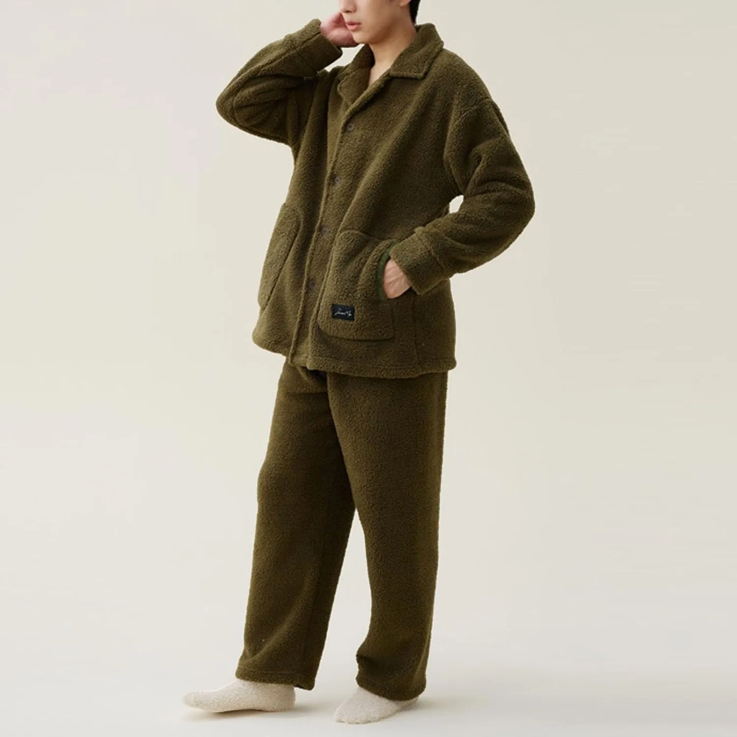 Mens Fuzzy Pajamas Set Winter Coral Fleece Lapel Pullover Pants Loose Warm Loungewear Sleepwear Top With Pockets