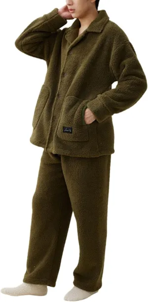 Mens Fuzzy Pajamas Set Winter Coral Fleece Lapel Pullover Pants Loose Warm Loungewear Sleepwear Top With Pockets