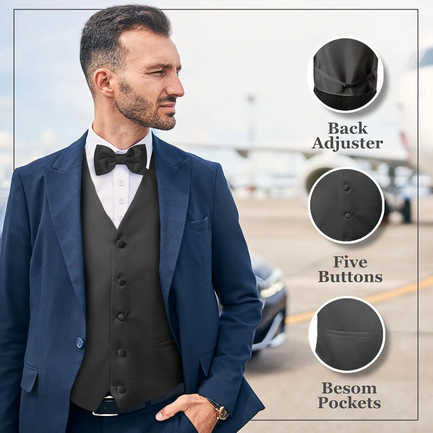 Men's Solid Formal Waistcoat Tuxedo Dress Vest Bow Tie Set for Suit or Tuxedo