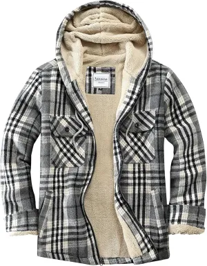 Men's Zip Up Flannel Shirt Jacket Fleece Lined Long Sleeve Plaid Coat Heavyweight Hoodie with Hood