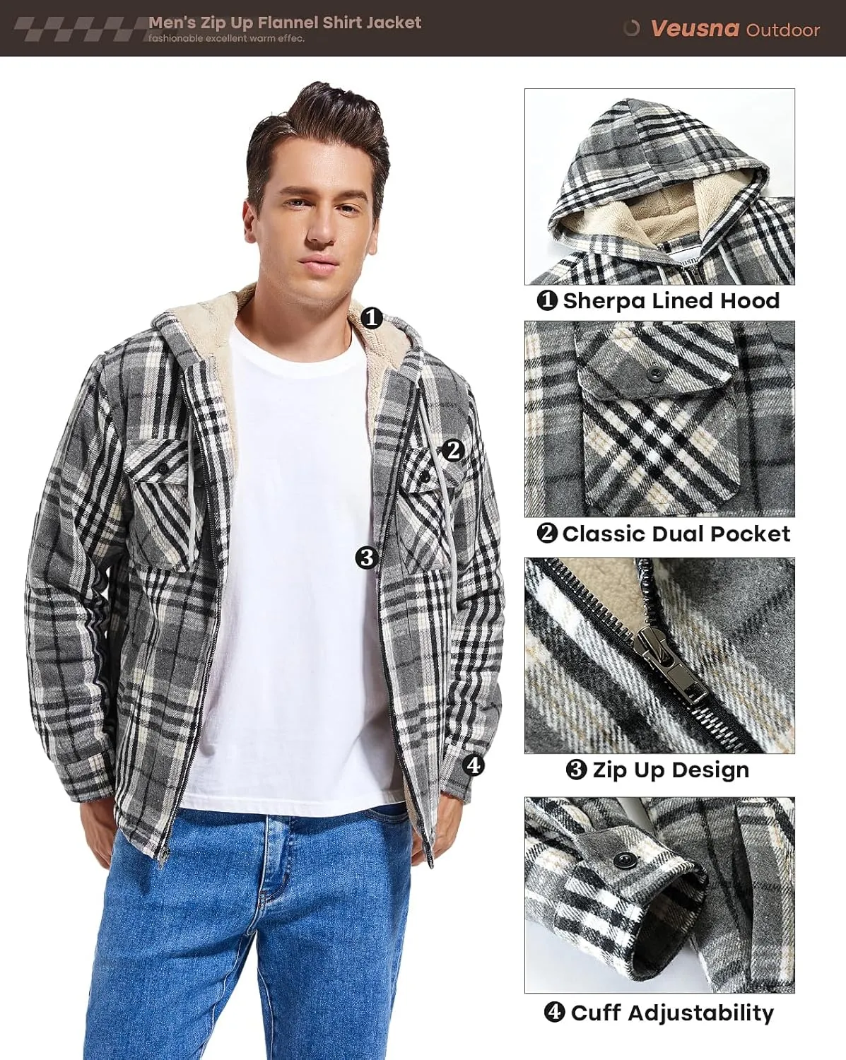 Men's Zip Up Flannel Shirt Jacket Fleece Lined Long Sleeve Plaid Coat Heavyweight Hoodie with Hood
