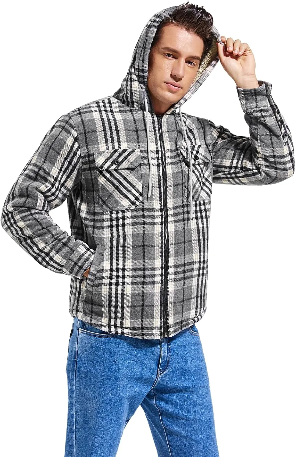 Men's Zip Up Flannel Shirt Jacket Fleece Lined Long Sleeve Plaid Coat Heavyweight Hoodie with Hood