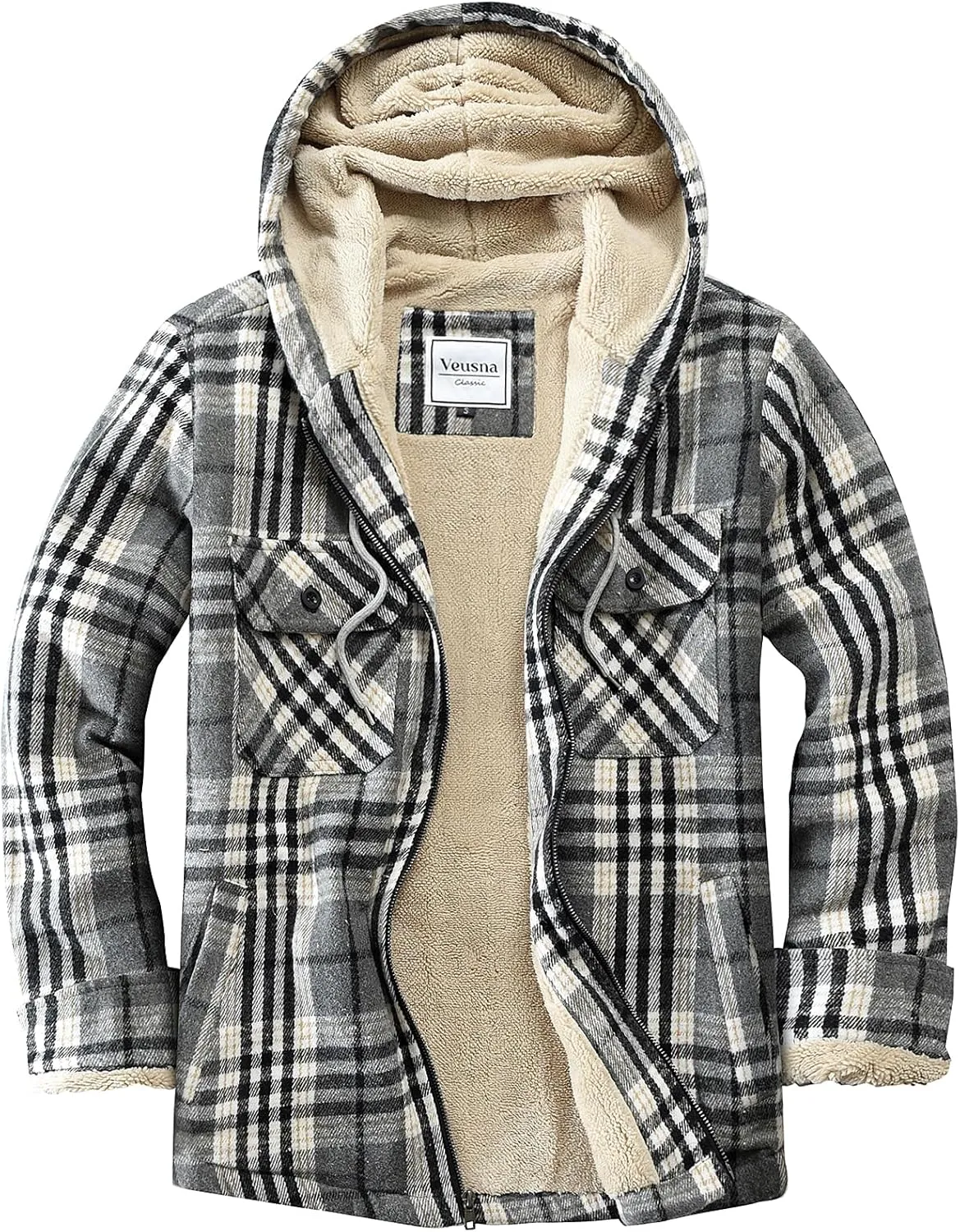 Men's Zip Up Flannel Shirt Jacket Fleece Lined Long Sleeve Plaid Coat Heavyweight Hoodie with Hood