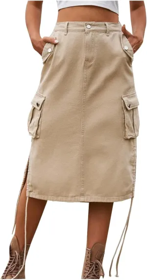 Midi Denim Skirt High Waisted Casual Stretch Knee Length Jean Skirt for Womens Pencil Jean Skirt A-Line Denim Skirts