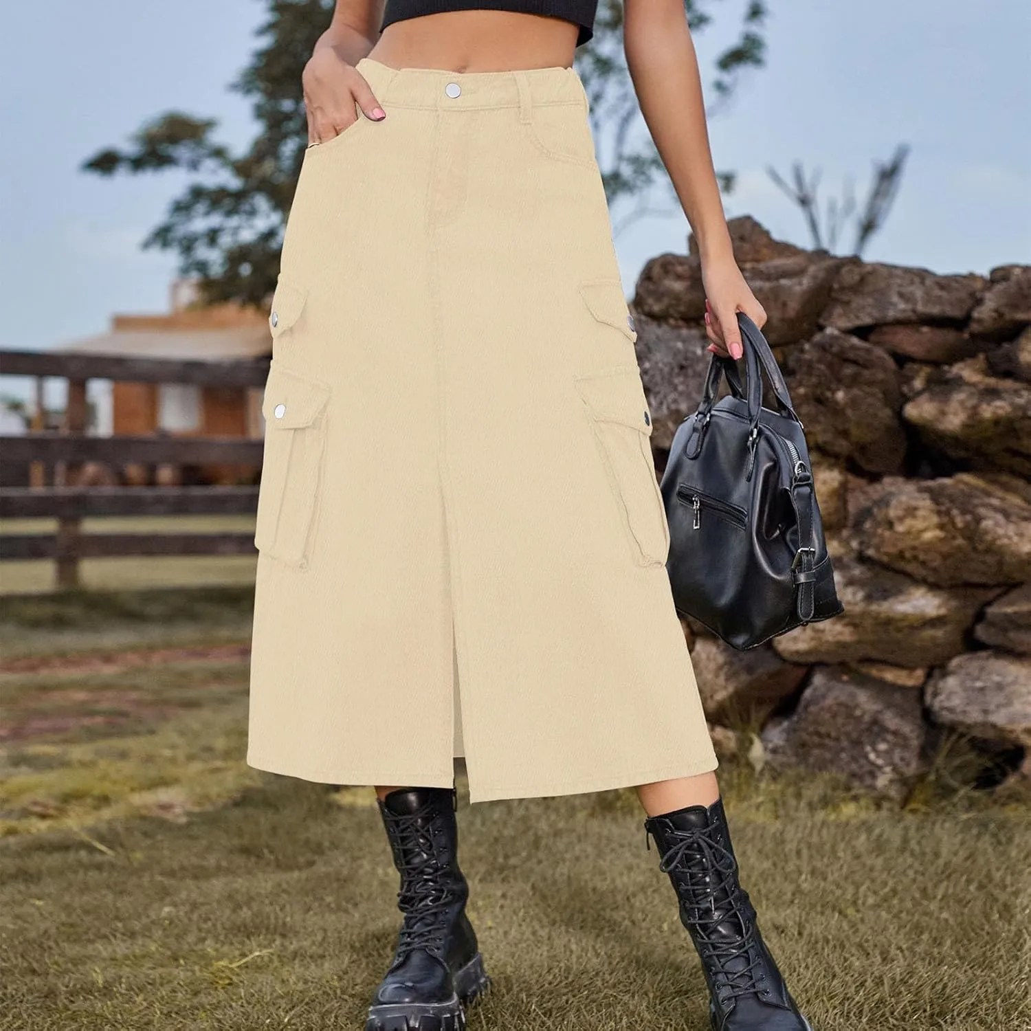 Midi Denim Skirt High Waisted Slit Casual Stretch Knee Length Jean Skirt for Womens Y2K Cargo Skirt with Pockets