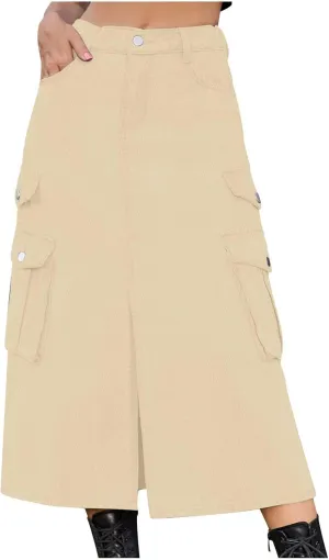 Midi Denim Skirt High Waisted Slit Casual Stretch Knee Length Jean Skirt for Womens Y2K Cargo Skirt with Pockets