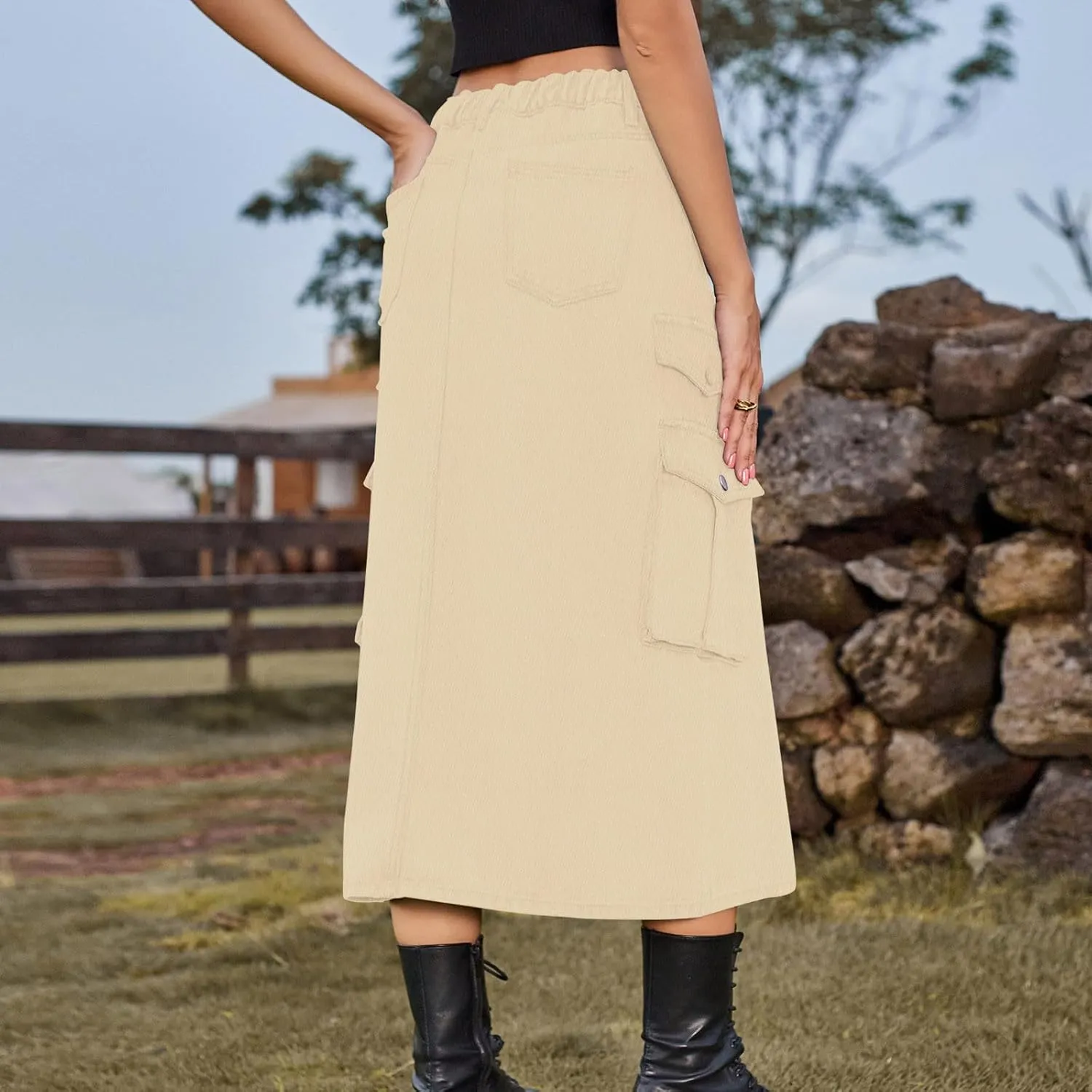 Midi Denim Skirt High Waisted Slit Casual Stretch Knee Length Jean Skirt for Womens Y2K Cargo Skirt with Pockets