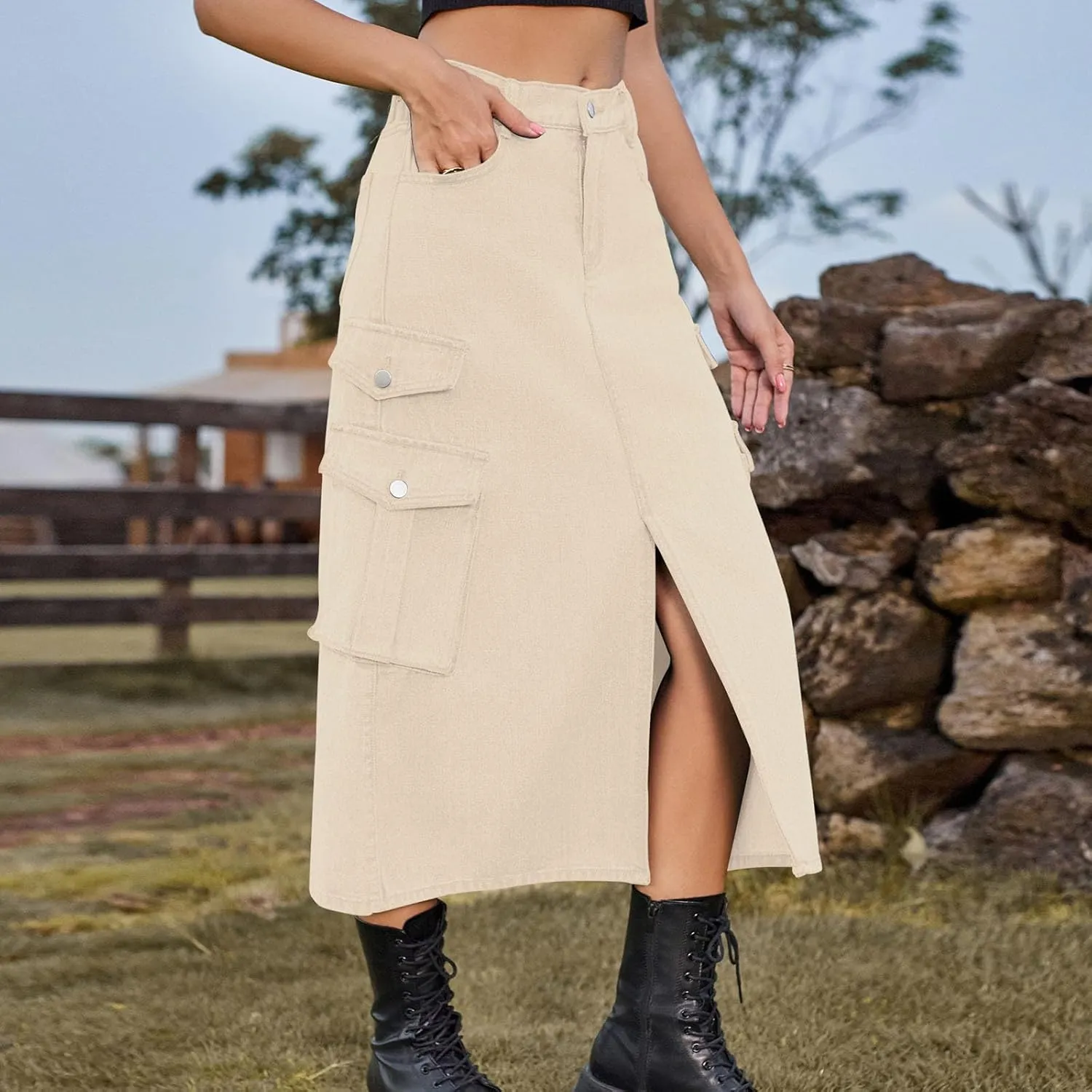 Midi Denim Skirt High Waisted Slit Casual Stretch Knee Length Jean Skirt for Womens Y2K Cargo Skirt with Pockets