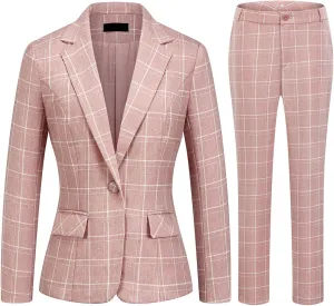 MODFUL Women's 2 Piece Business Plaid Suit Set Office One Button Slim Fit Blazer with Pant