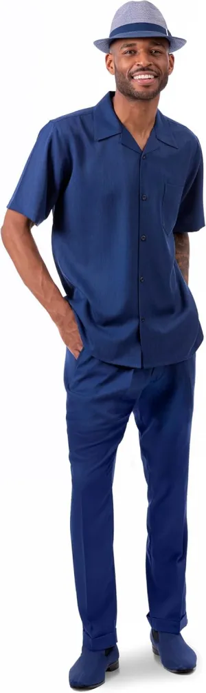 MONTIQUE Walking Suit For Men 2 Piece Set - Short Sleeve Shirt and Long Pants, Solid Colors - 696