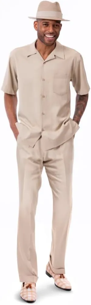 MONTIQUE Walking Suit For Men 2 Piece Set - Short Sleeve Shirt and Long Pants, Solid Colors - 696