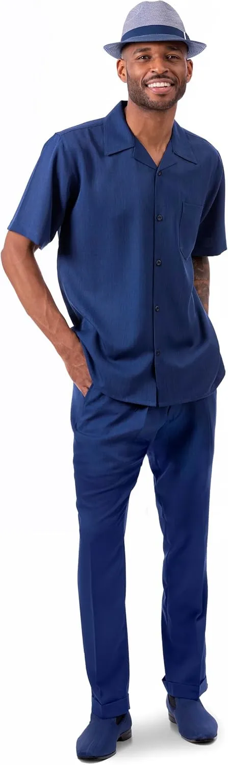 MONTIQUE Walking Suit For Men 2 Piece Set - Short Sleeve Shirt and Long Pants, Solid Colors - 696