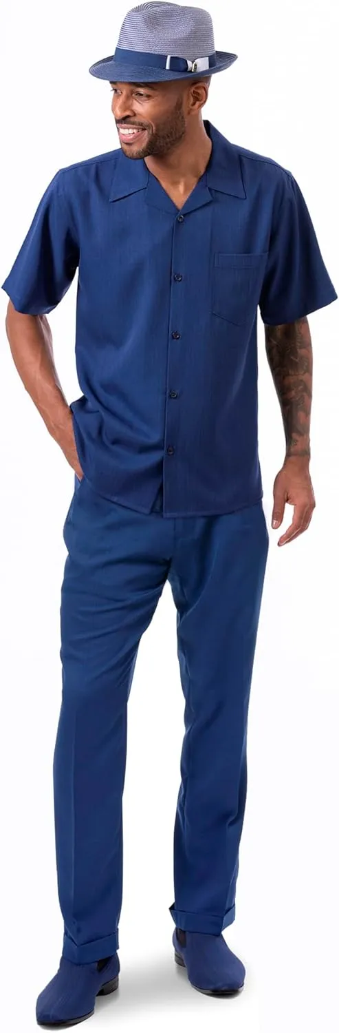 MONTIQUE Walking Suit For Men 2 Piece Set - Short Sleeve Shirt and Long Pants, Solid Colors - 696