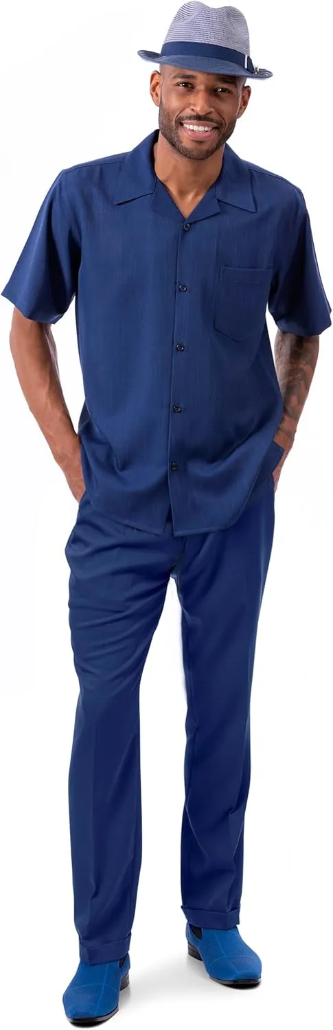 MONTIQUE Walking Suit For Men 2 Piece Set - Short Sleeve Shirt and Long Pants, Solid Colors - 696