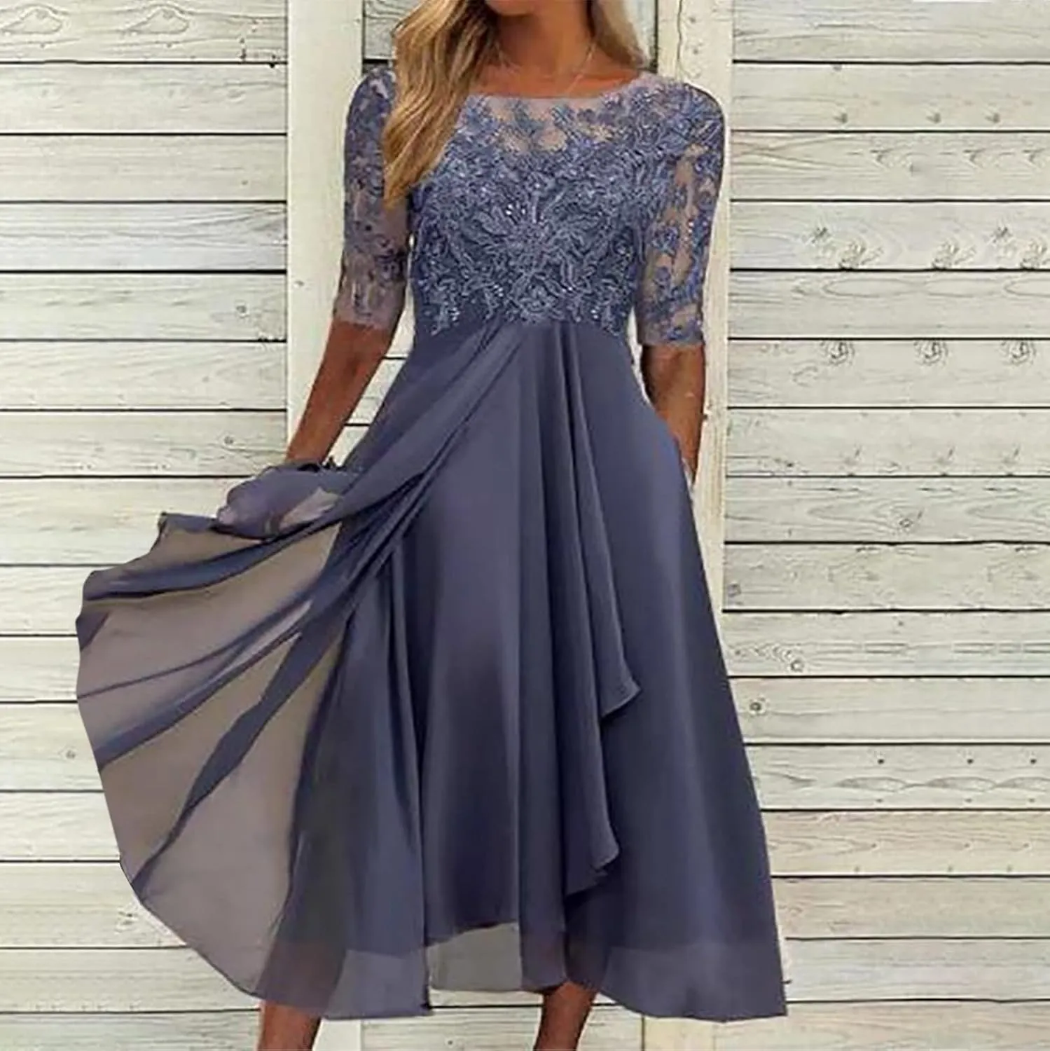 Mother of The Groom Dresses for Wedding Lace Appliques Short Sleeves High Low Crew Neck Chiffon Formal Evening Dress