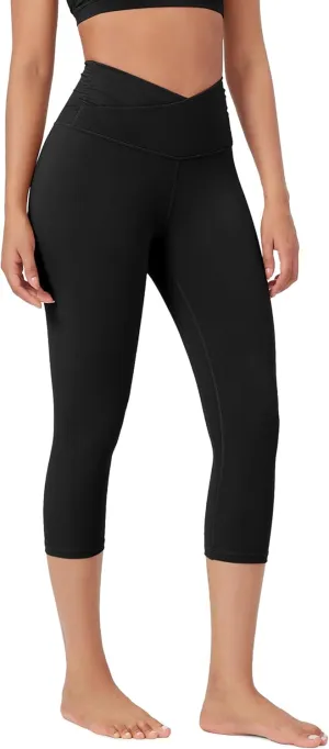 ODODOS Women's Cross Waist Yoga Capris with Inner Pocket, 19" Inseam Gathered Crossover Workout Cropped Yoga Pants