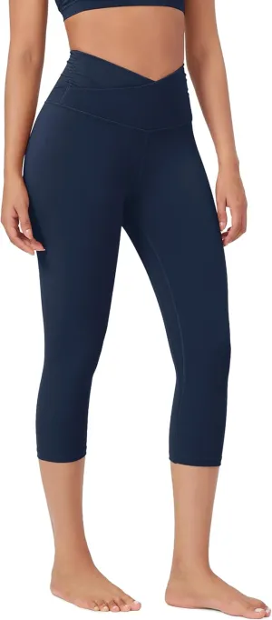 ODODOS Women's Cross Waist Yoga Capris with Inner Pocket, 19" Inseam Gathered Crossover Workout Cropped Yoga Pants