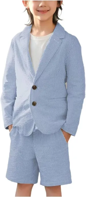 ONAXTDA Boys Seersucker Suit 2 Piece Jacket Shorts Striped Single Breasted Kids Summer Beach Wedding Suit