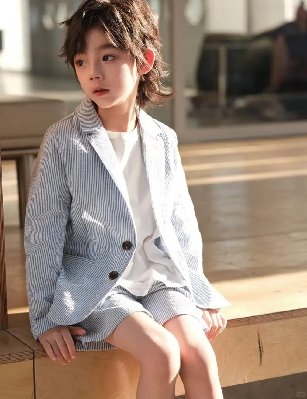 ONAXTDA Boys Seersucker Suit 2 Piece Jacket Shorts Striped Single Breasted Kids Summer Beach Wedding Suit