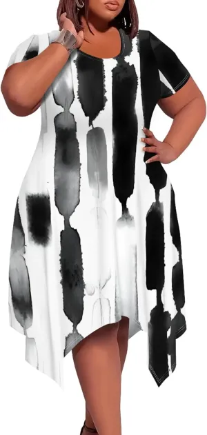 Oversize Tshirt Dress for Women Summer Printing Casual Plus Size Crewneck Short Sleeves Midi Tunic Dress with Pockets