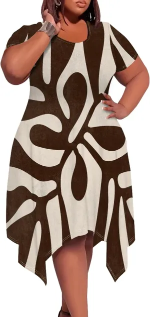 Oversize Tshirt Dress for Women Summer Printing Casual Plus Size Crewneck Short Sleeves Midi Tunic Dress with Pockets