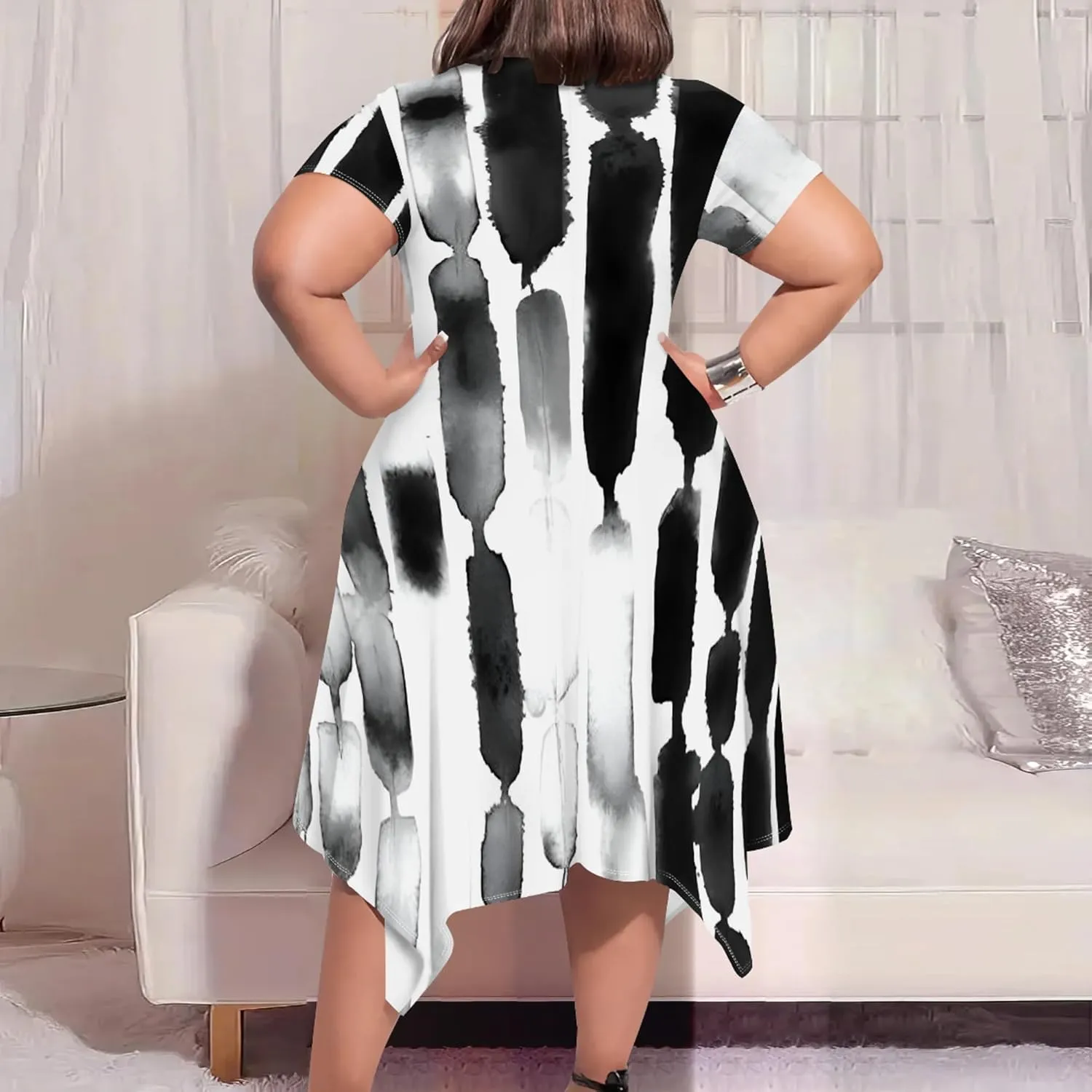Oversize Tshirt Dress for Women Summer Printing Casual Plus Size Crewneck Short Sleeves Midi Tunic Dress with Pockets