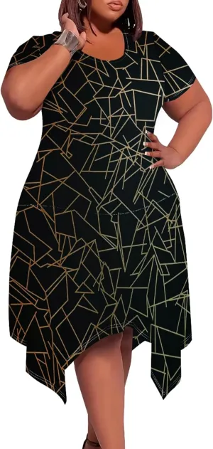 Oversize Tshirt Dress for Women Summer Printing Casual Plus Size Crewneck Short Sleeves Midi Tunic Dress with Pockets