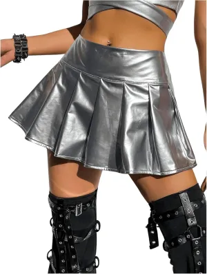 OYOANGLE Women's Metallic Pleated Mini Skirt Y2k Drop Waist Flared A Line Skater Skirts