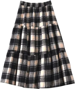 Plaid Skirt for Womens Elastic High Waisted A-Line Pleated Long Skirts 2025 Fashion Loose Vintage Knee Length Skirts