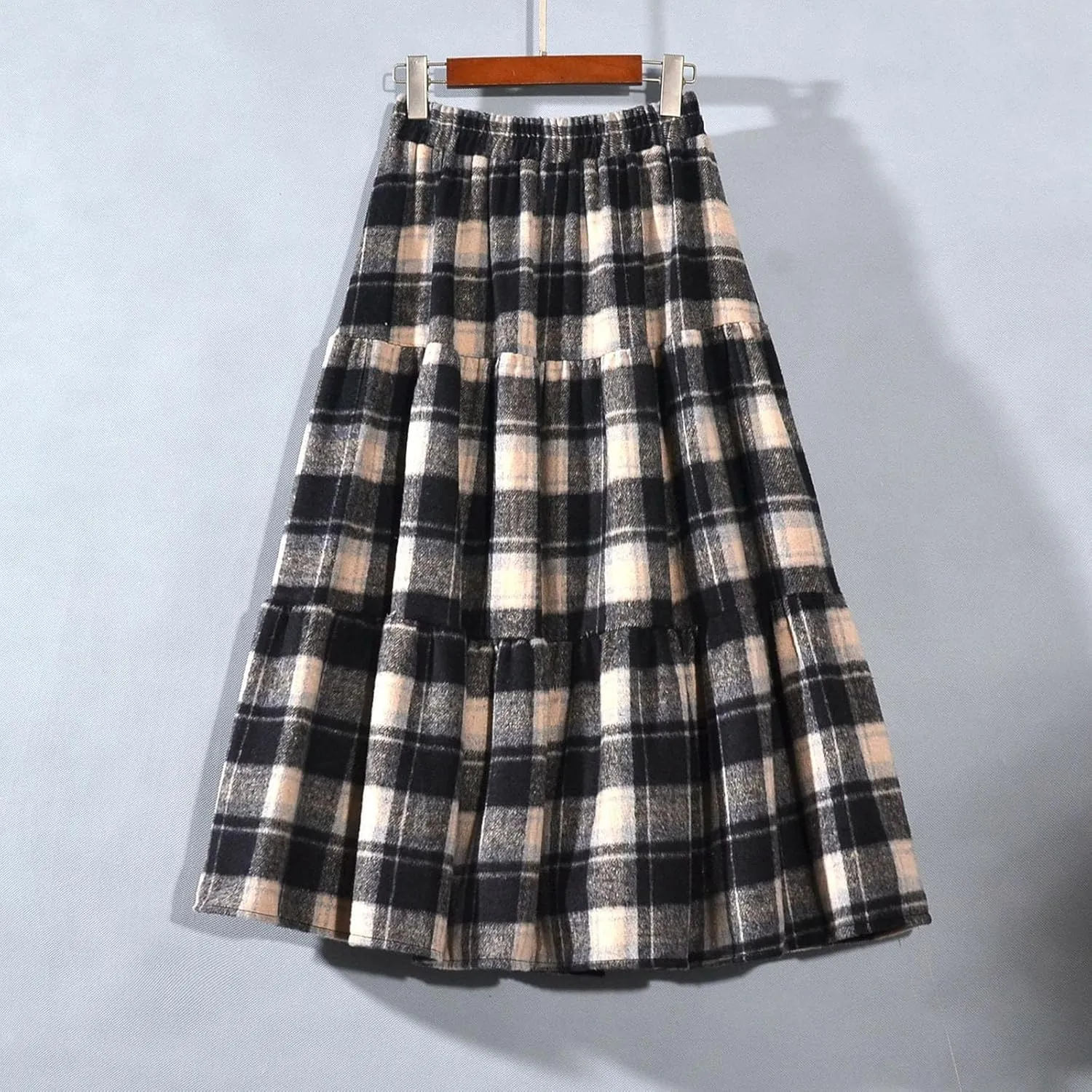Plaid Skirt for Womens Elastic High Waisted A-Line Pleated Long Skirts 2025 Fashion Loose Vintage Knee Length Skirts