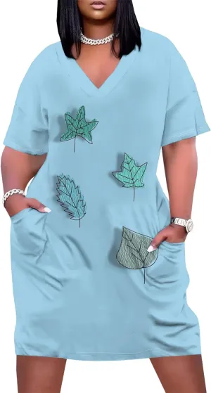Plus Size Dresses for Curvy Women with Pockets V Neck Short Sleeve T Shirt Midi Dress A Line Beach Holiday Dress