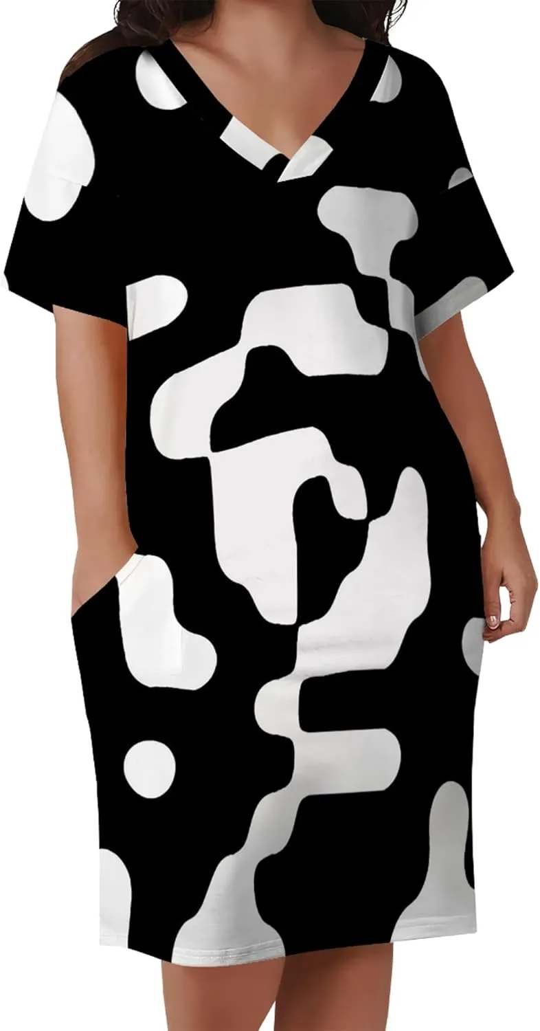 Plus Size Dresses for Curvy Women with Pockets V Neck Short Sleeve T Shirt Midi Dress A Line Beach Holiday Dress